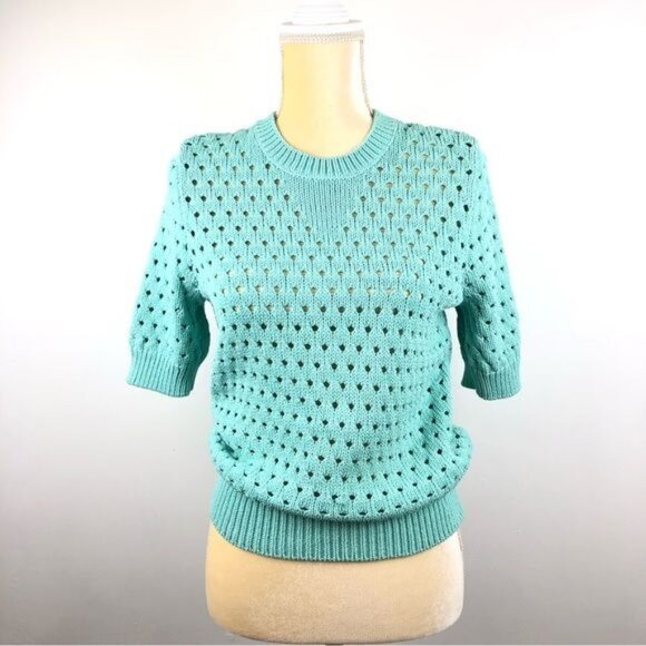 Women's Joe Fresh Perforated Knit Crew Neck Short Sleeve Sweater Sz L Turquoise - Picture 4 of 11